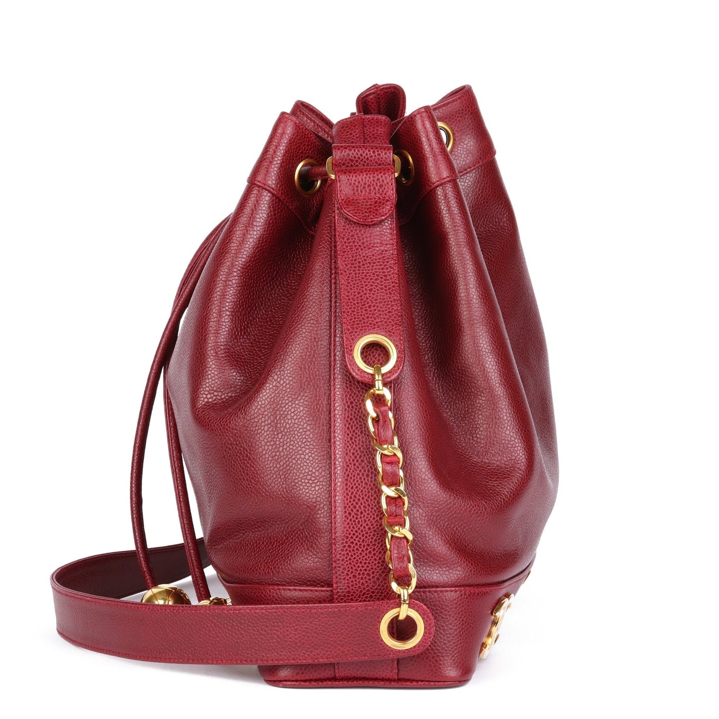 Chanel Bordeaux Caviar Leather Vintage Classic Logo Trim Bucket Bag with Pouch Shoulder Bag