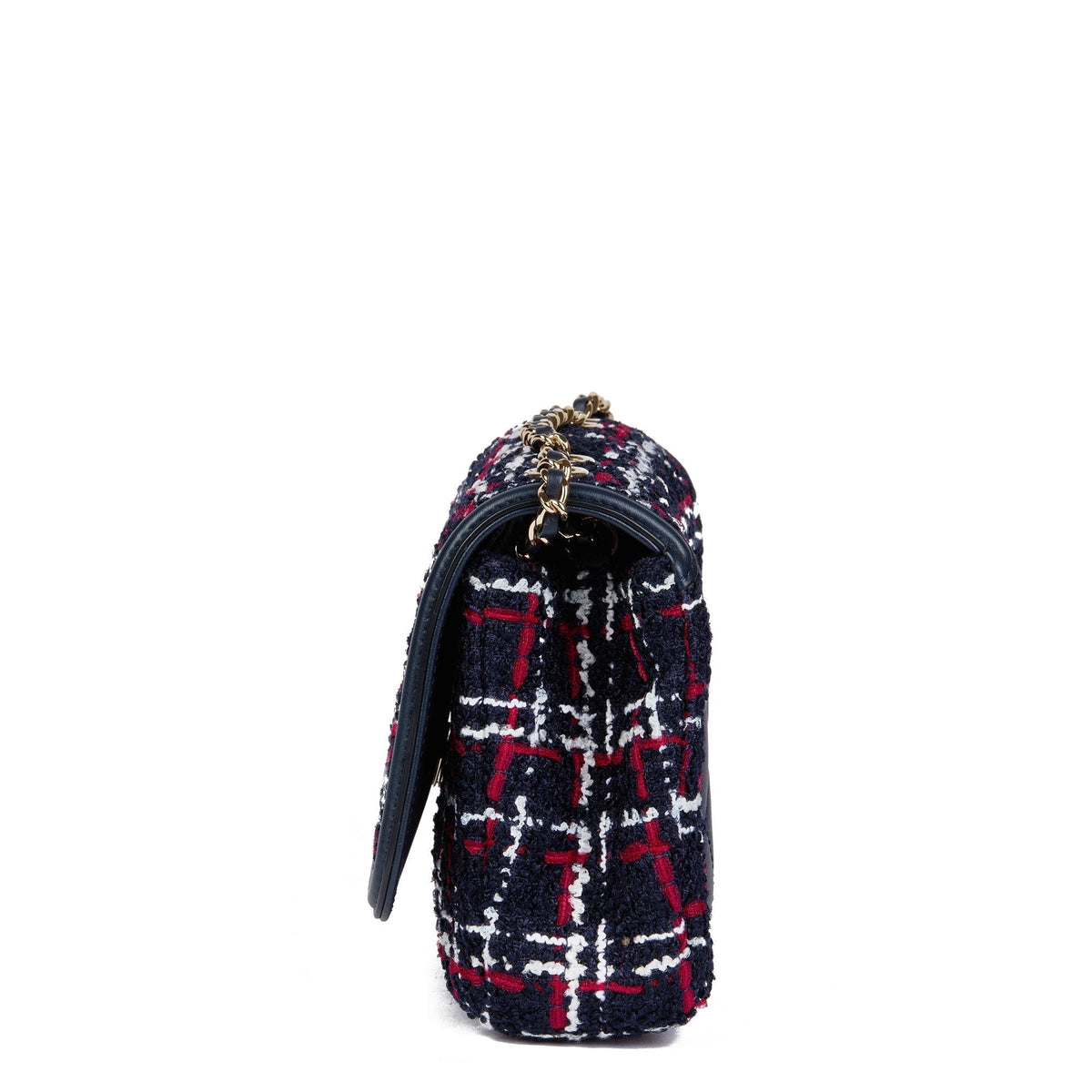 Chanel Navy, Red, White Tweed Fabric & Navy Lambskin Small Filigree Flap Bag
