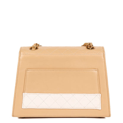Chanel Beige & White Quilted Lambskin Vintage Mini Trapeze Classic Single Flap Bag with Pouch Shoulder Bag