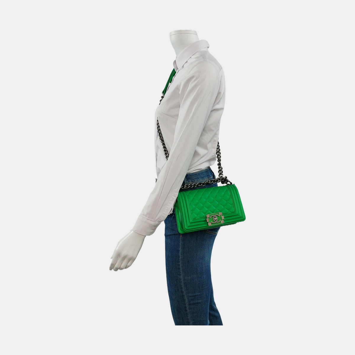 Chanel Le Boy Small Green Calfskin Leather Bag Antiqued Silver Hardware 2014-2015