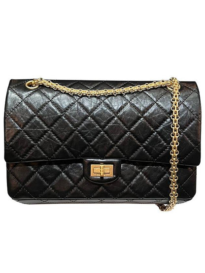 255 Vintage Calfskin Gold Tone Metal Large Flap Shoulder Bag Black Chanel