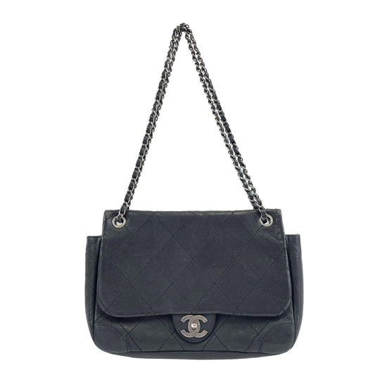 CHANEL - CC Ligne Flap Large Bag Black / Silver Caviar Leather Shoulder Bag