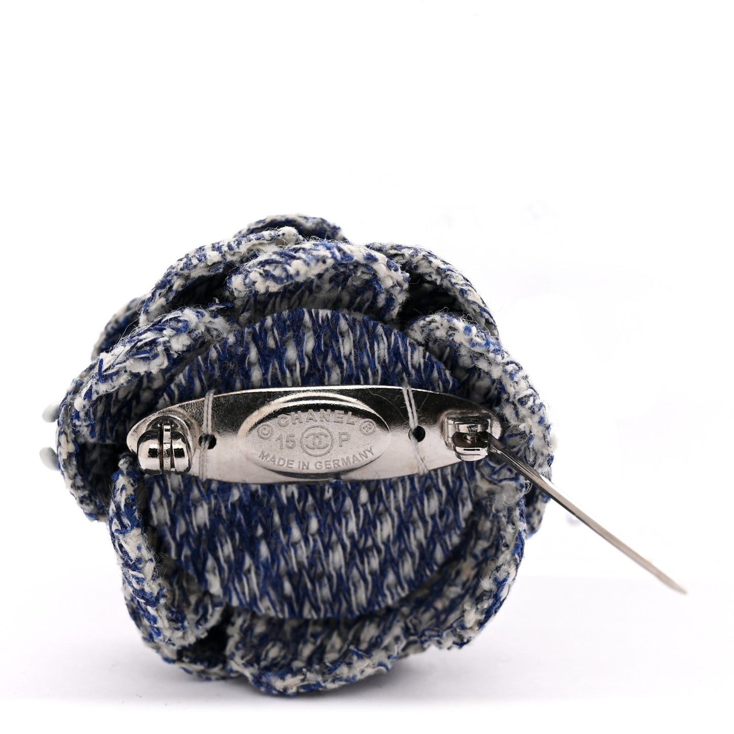 Tweed Camellia CC Brooch Lapel Pin Blue