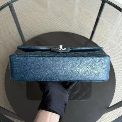 Caviar Medium Classic Flap Quilted Dark Blue Green Silver Hardware Series 20