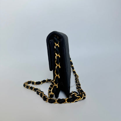 Chanel Vintage Square Wallet on Chain Black Silk Gold Hardware Crossbody Bag, 1986-1988