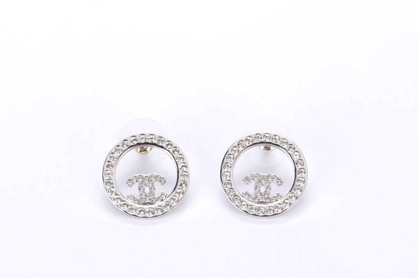 Chanel Earrings Metal & Diamantes Silver & Crystal, with Box