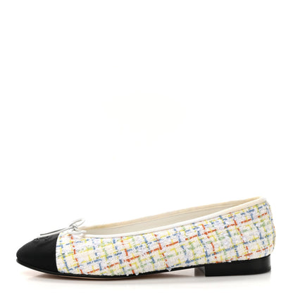 Tweed Grosgrain Cap Toe Ballerina Flats 37.5 White Multicolor