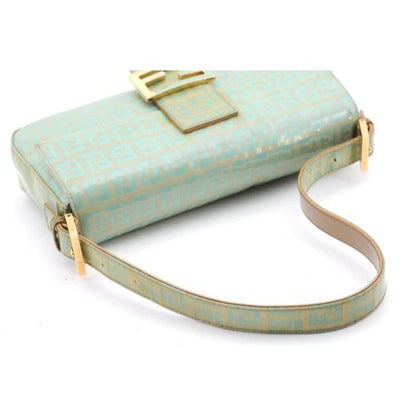 Fendi Aqua Zucchino Print On Gold Patent Leather Baguette w  Enamel FF Clasp