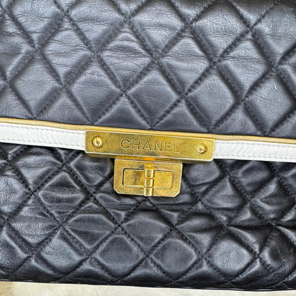 Chanel Glazed Calfskin . East West Mademoiselle Flap Black White B-