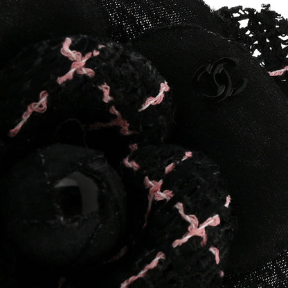 Tweed Camellia Pin Brooch Black Pink