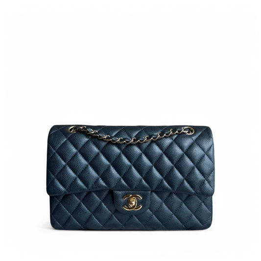 Chanel Classic Flap Medium - Caviar 25CM Quilted Iridescent Dark Blue Gold Hardware Series 25
