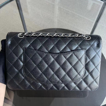 *Un* Medium Double Flap 25CM Quilted Grained Calfskin Black Silver Hardware Series 23