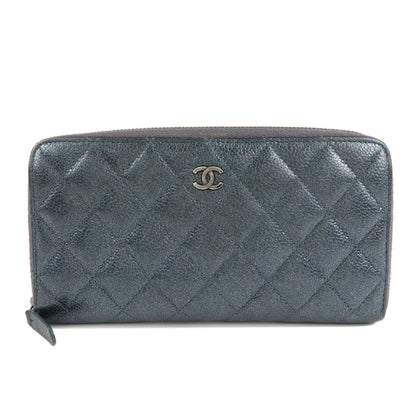 CHANEL Matelasse Caviar Skin Zip Around Long Wallet Metal Blue