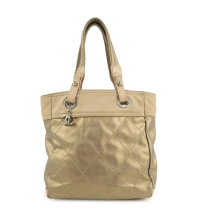 CHANEL Paris Biarritz Coating Canvas Leather Tote Bag PM Gold
