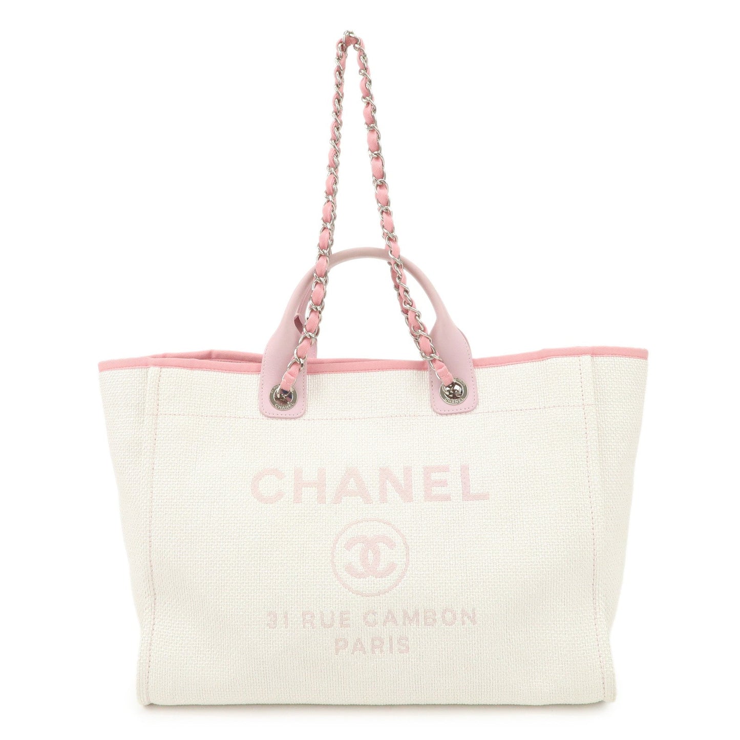 CHANEL Deauville Raffia Leather Chain Tote Bag GM Pink A66941