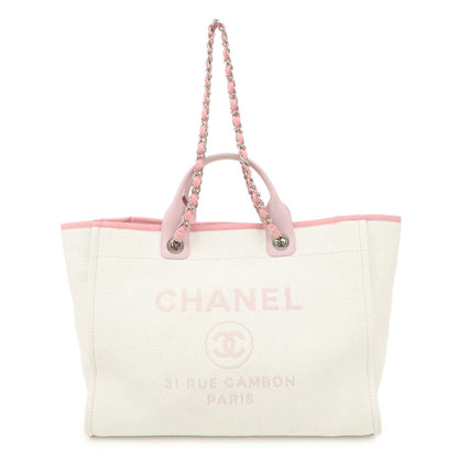 CHANEL Deauville Raffia Leather Chain Tote Bag GM Pink A66941