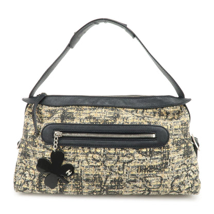 CHANEL Tweed Leather Shoulder Bag Hand Bag Black Beige