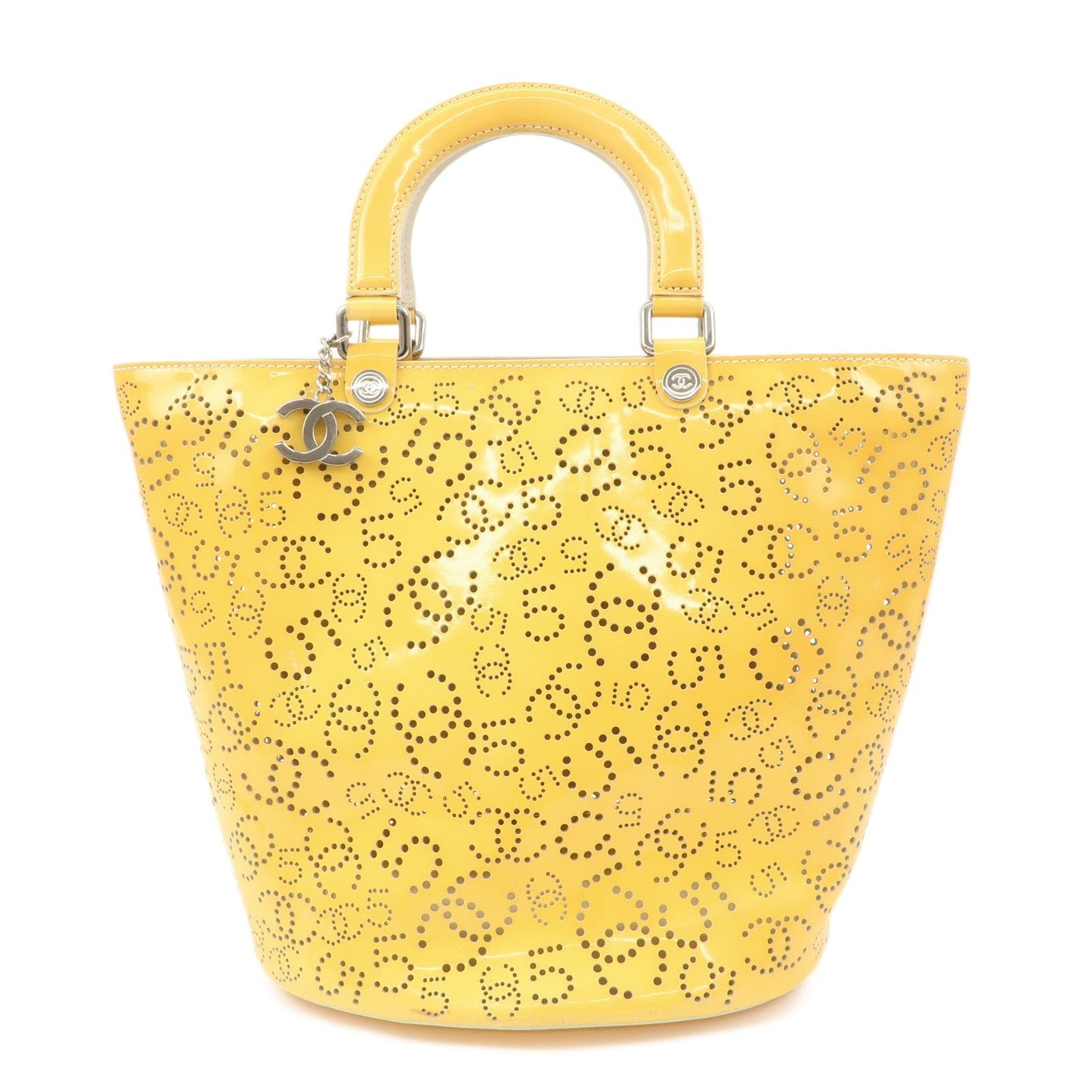 CHANEL COCO Mark No.5 Patent Leather Punching Hand Bag Yellow
