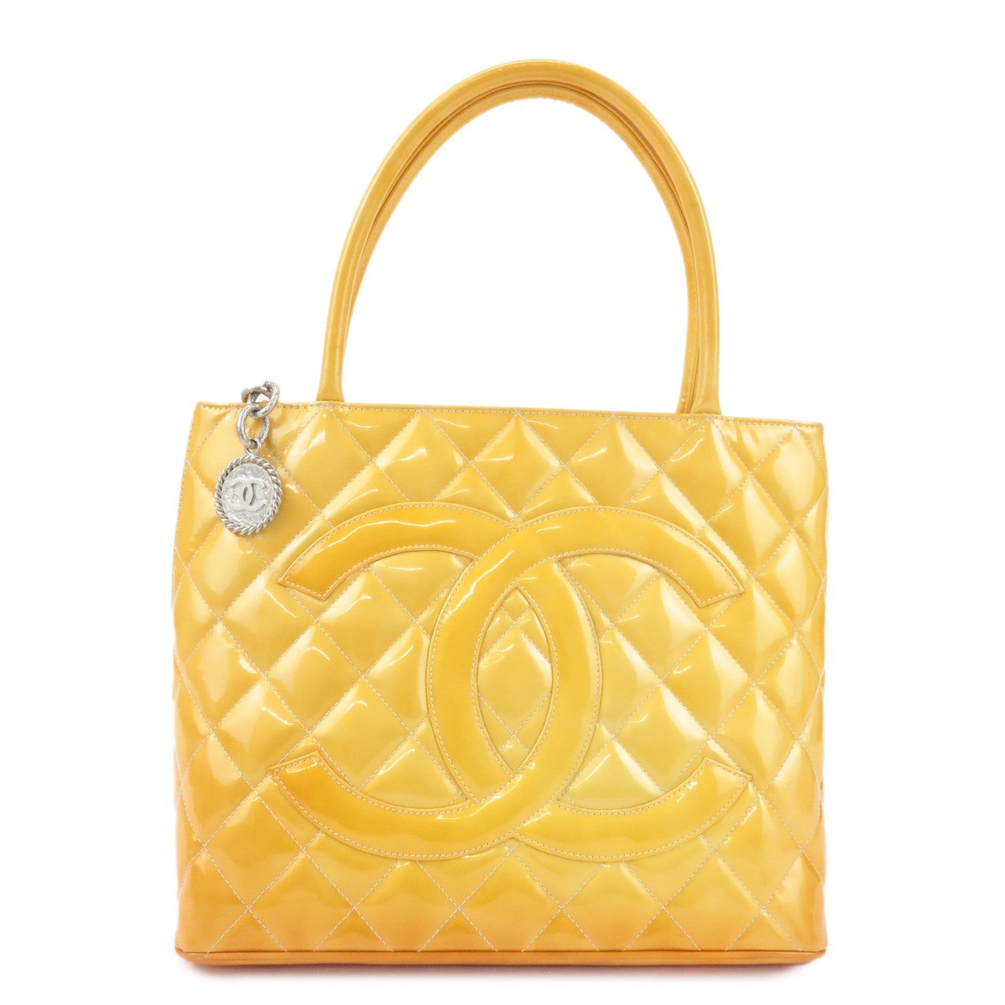 CHANEL Matelasse Patent Leather Medalion Tote Bag Yellow A01804