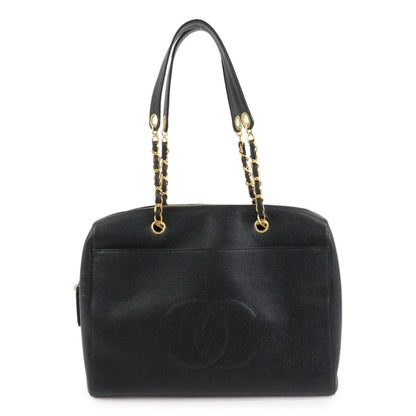 CHANEL COCO Mark Caviar Skin Chain Shoulder Tote Bag Black