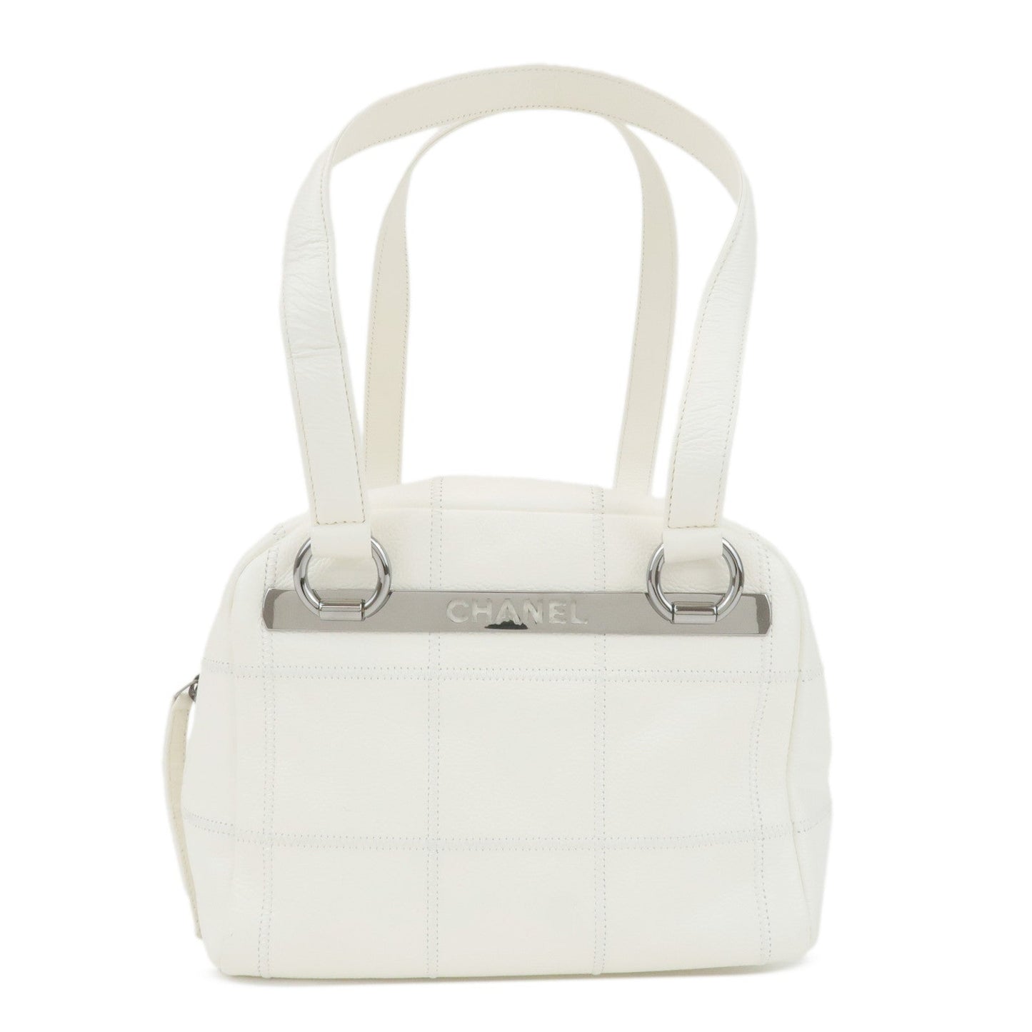 CHANEL Chocolate Bar Caviar Skin Mini Boston Hand Bag White