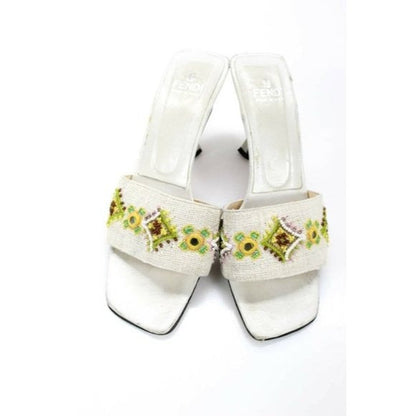 FENDI White Beaded Kitten Heel Mule Sandals