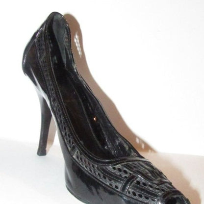 Fendi Glossy Black Leather Open Toe Pumps W Woven Mesh Trim Accents