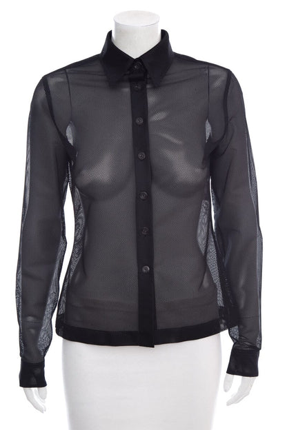 Chanel Black Button Up Net/Mesh Long Sleeve Blouse SZ 36