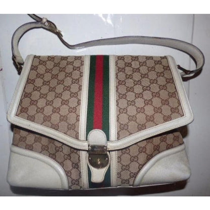 Gucci Vintage Pursesdesigner Purses White And Brown With Red And Green Leather Canvas Satchel