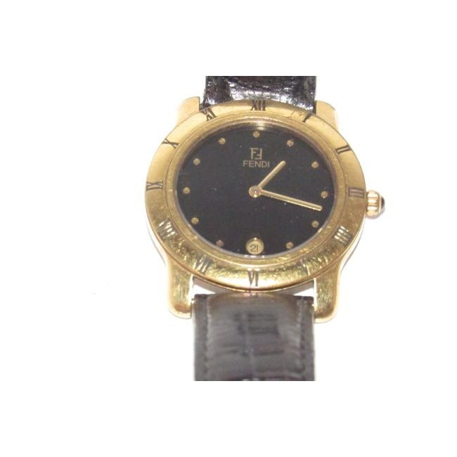 Fendi Brown Leather Round Gold Bezel Jewelry And Watch Combo