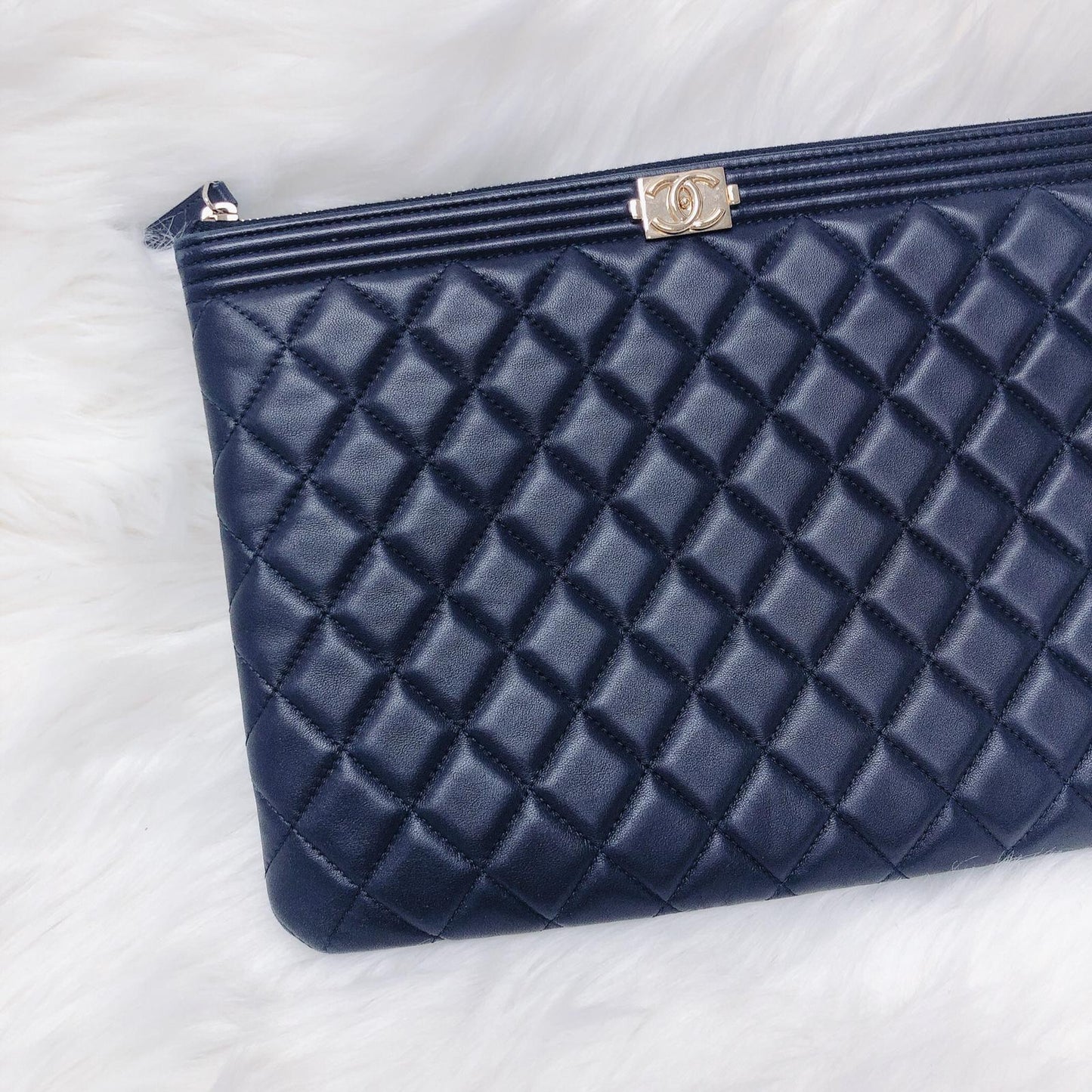 Lambskin O Case Quilted Navy Blue Large Boy Zip Pouch