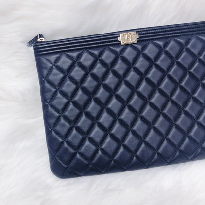 Lambskin O Case Quilted Navy Blue Large Boy Zip Pouch