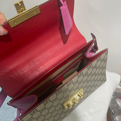 Gucci GG Supreme Padlock Top Handle Shoulder Bag,Red & Beige