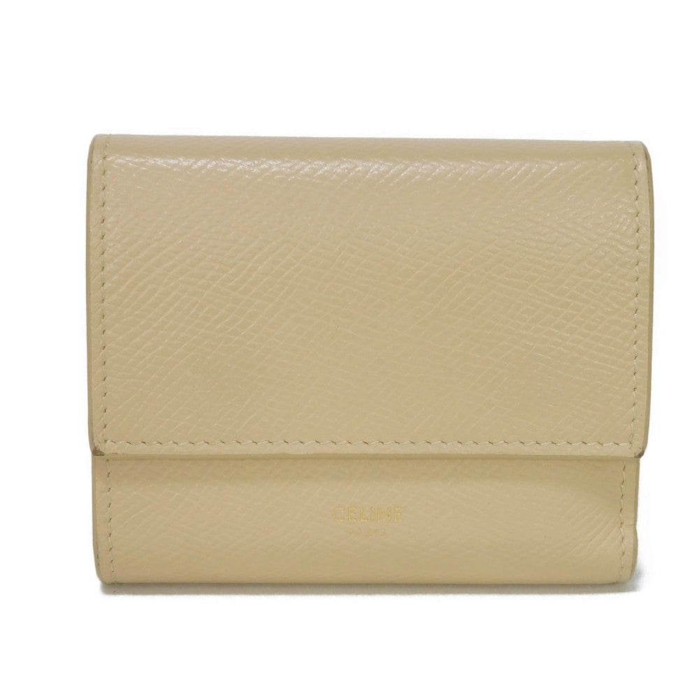 CELINE Tri-fold wallet 10B57 Grained calfskin (embossed) beige New logo Small trifold wallet Women Used