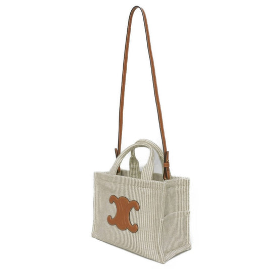 CELINE Handbag 199162FEE.02BG Textile x Calfskin beige Triomphe Small Hippo Tice Women Used