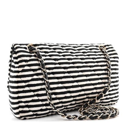 Velvet Quilted Striped Medium Single Flap Black White