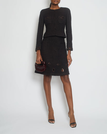 Chanel 00/A Brown Eyelet Tweed Jacket with Matching Skirt Set Size 36 (UK 8)