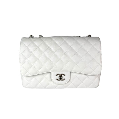 Classic Single Flap Jumbo Bag in White Caviar with SHW