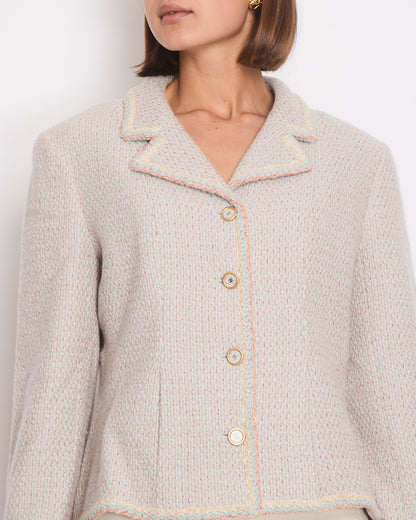 Chanel 01/A Pastel Blue, Pink and Beige Tweed Jacket with Transparent CC Logo Button Details Size FR 44 (UK 16)