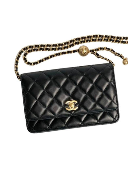 Wallet On Chain Crossbody Bag Lambskin Gold Black Chanel
