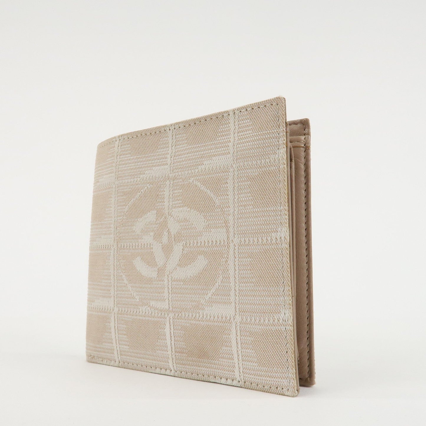 CHANEL New Travel Line Nylon Jacquard Bi-hold Compact Wallet Beige