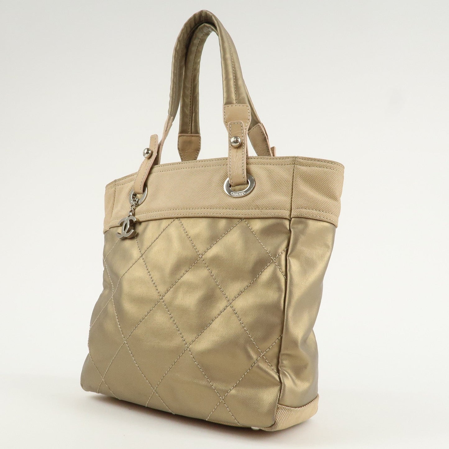 CHANEL Paris Biarritz Coating Canvas Leather Tote Bag PM Gold