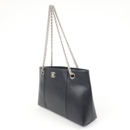CHANEL Caviar Skin Chain Tote Bag Black Silver Hardware