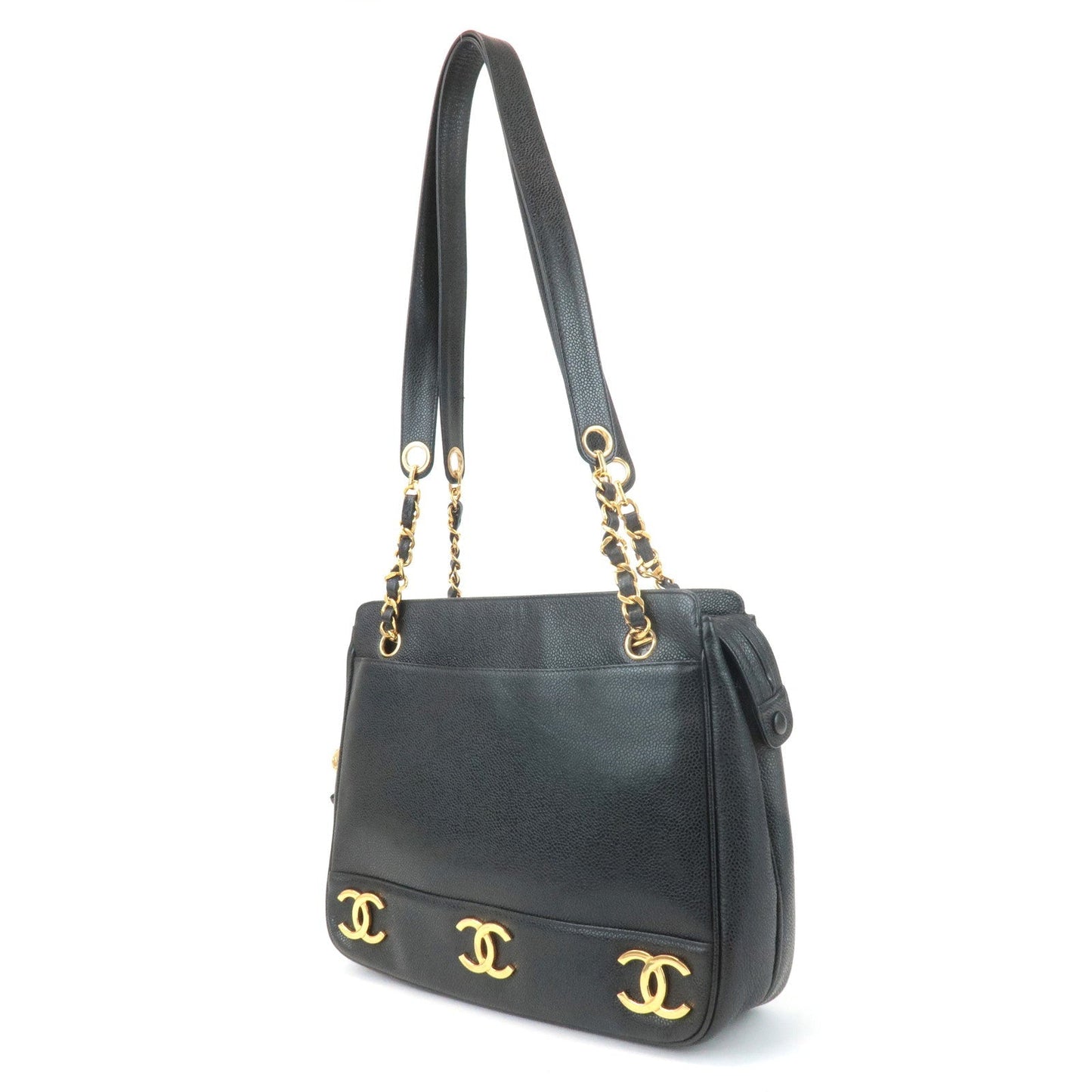 CHANEL Triple COCO Caviar Skin Tote Bag Black Gold