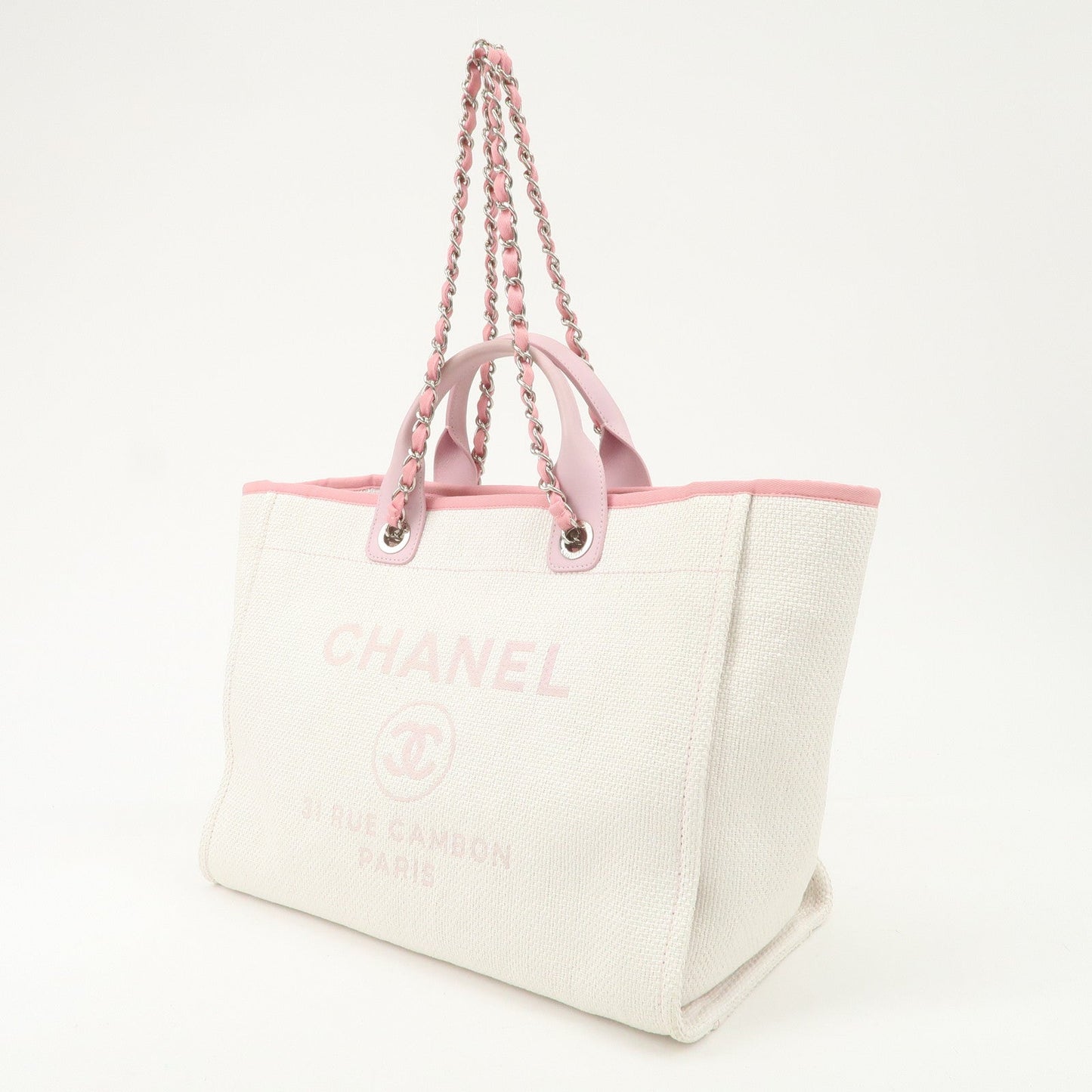 CHANEL Deauville Raffia Leather Chain Tote Bag GM Pink A66941