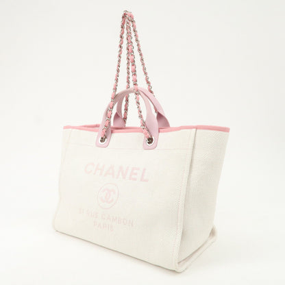 CHANEL Deauville Raffia Leather Chain Tote Bag GM Pink A66941