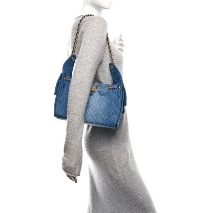 Washed Denim Quilted Small Chanel 25 Handbag Blue