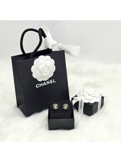 Logo Button Stud Earrings Gold Black Chanel