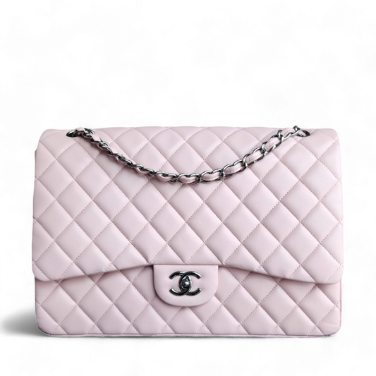 Chanel Classic Flap Maxi - 34CM Quilted Lambskin Single Flap Light Pink Silver Hardware Series 13