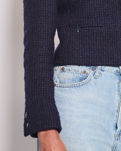 Chanel 02/A Bright Navy & Brown Multicolour Tweed Long Sleeve Jacket with Blue Buttons Detail Size FR 38 (UK 10)